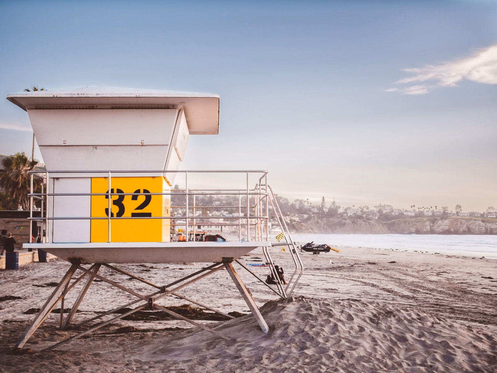 Lifeguard tower on a wide sandy California beach