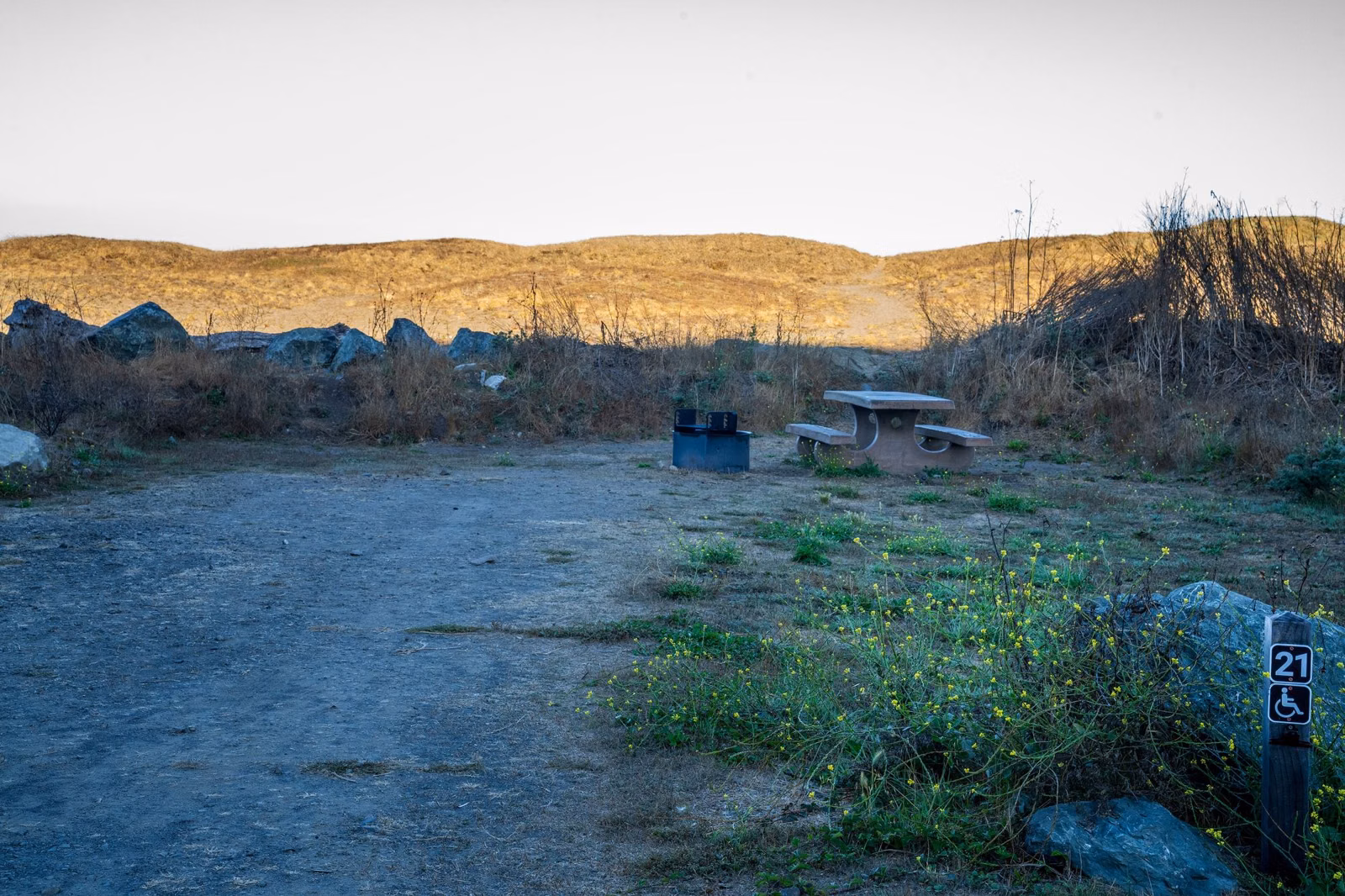Paved beach campground loop with picnic tables and low bluffs behind